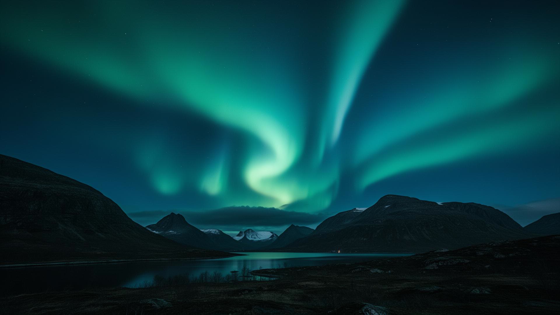 Green northern lights over a fjord